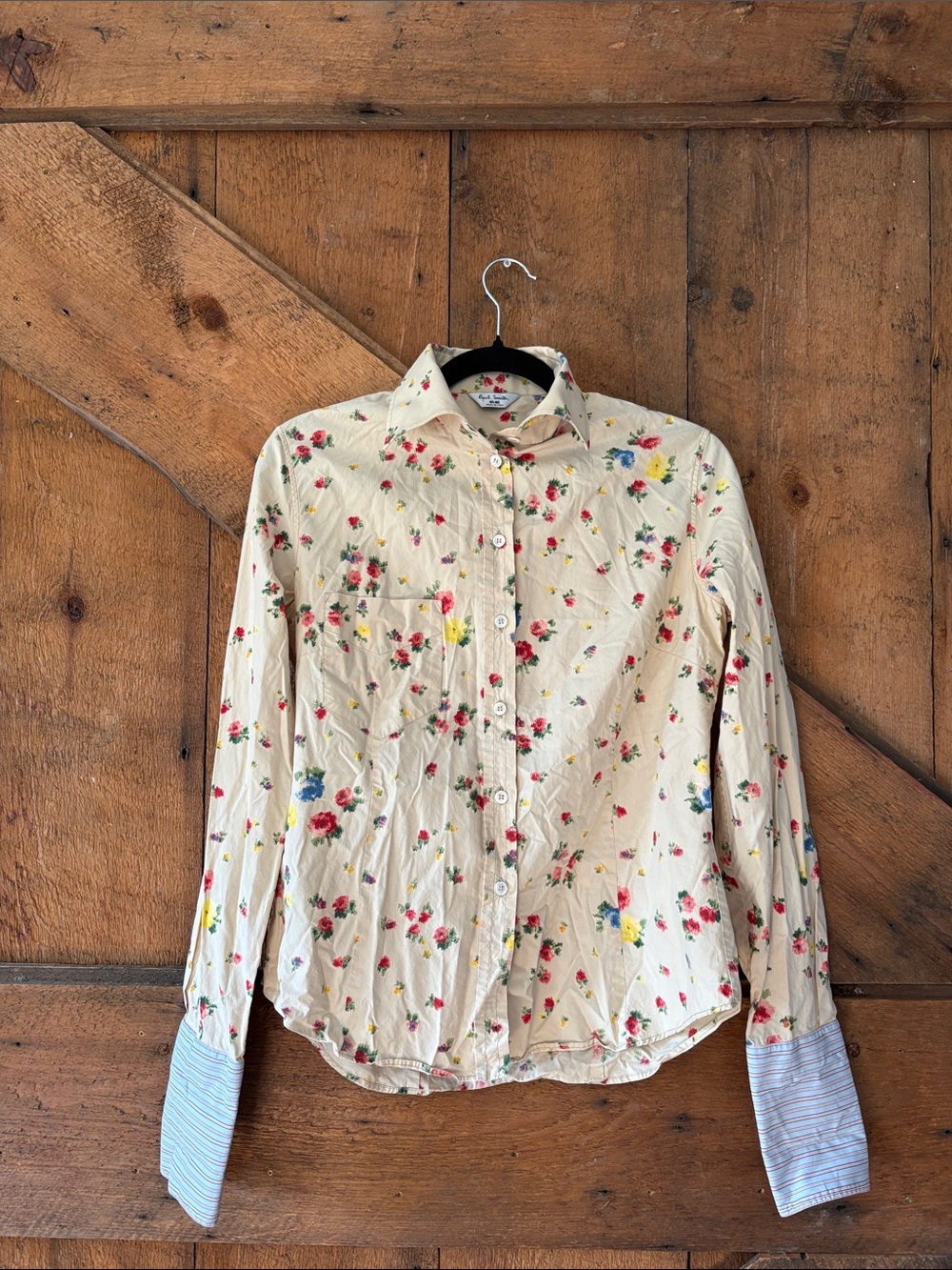 Paul Smith Blue Cream Floral Button Down Shirt Blue Stripe Contrast Cuff Italy S
